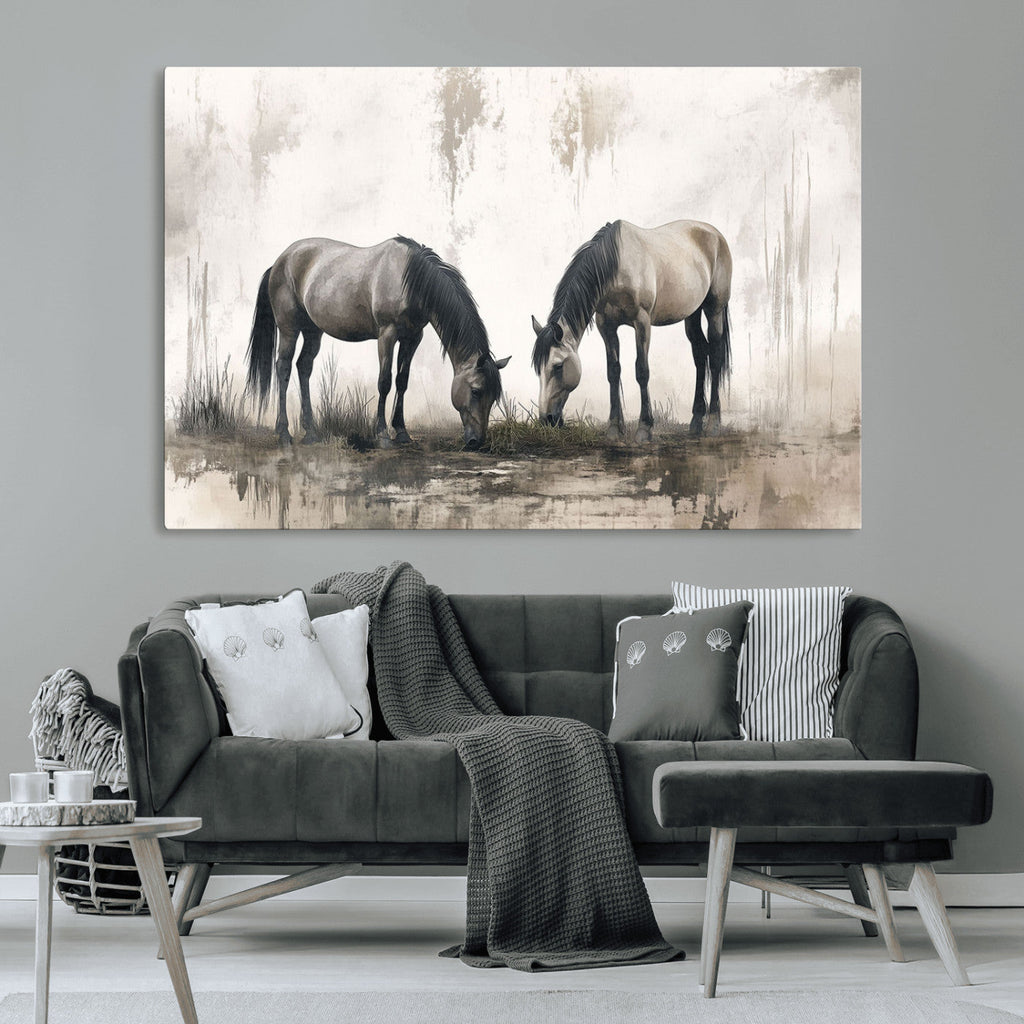 Chinese Ink Style Vintage Horses Wall Art Canvas Print