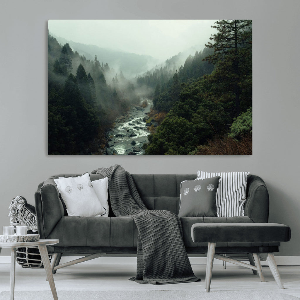 Misty Forest Wall Art, Tranquil Nature Landscape, Ready to Hang | Extra Large 3 Piece Canvas Wall Art