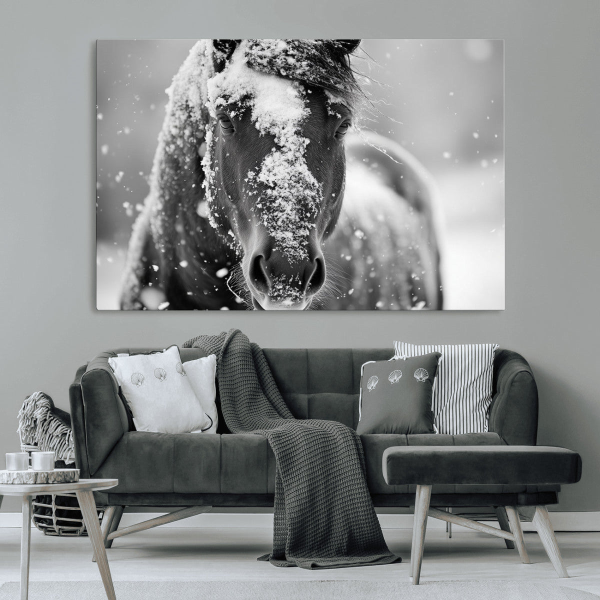 Black and White Horse Winter Wall Art, Ready to Hang