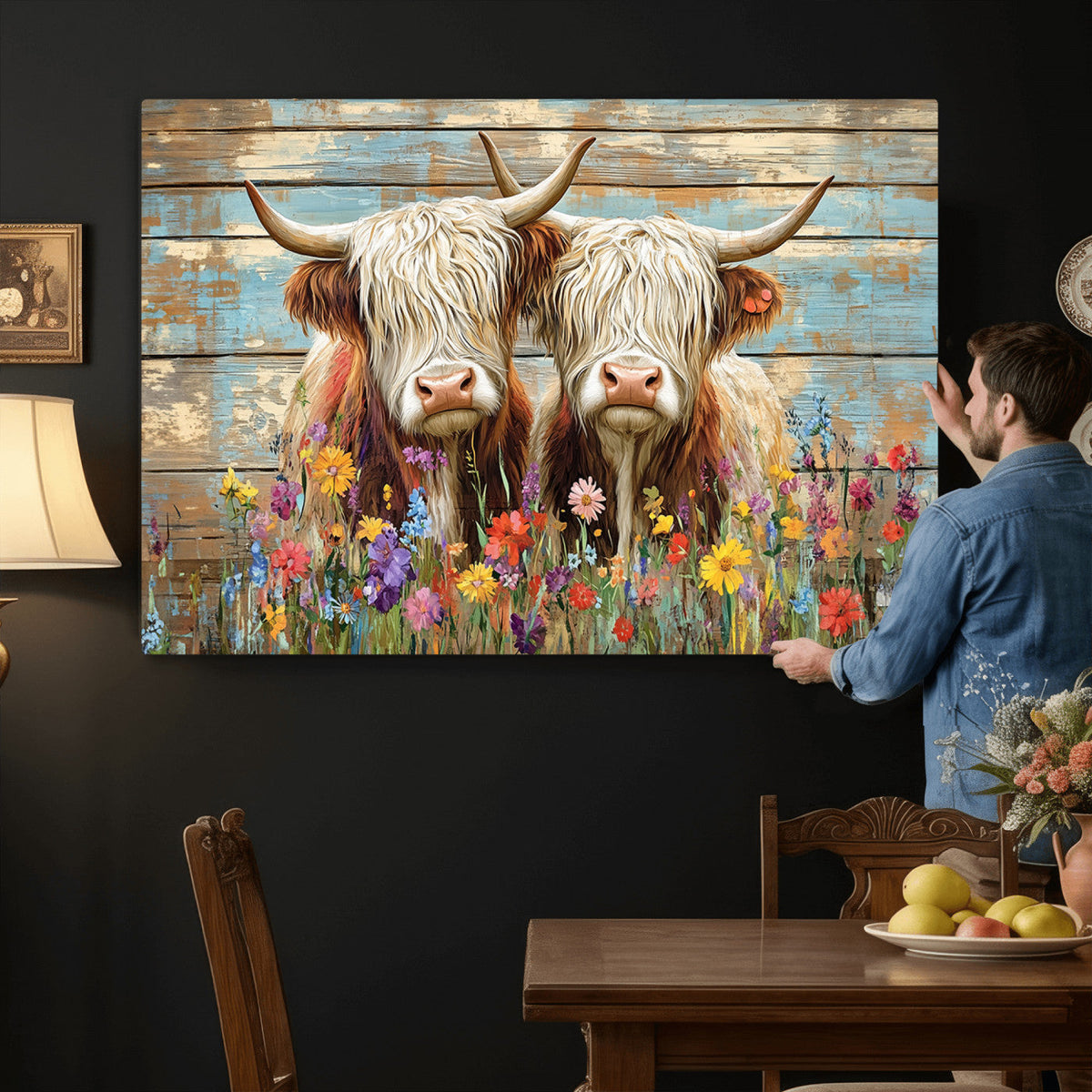 Cute Highland Cow Canvas Wall Art - Rustic Farmhouse Decor