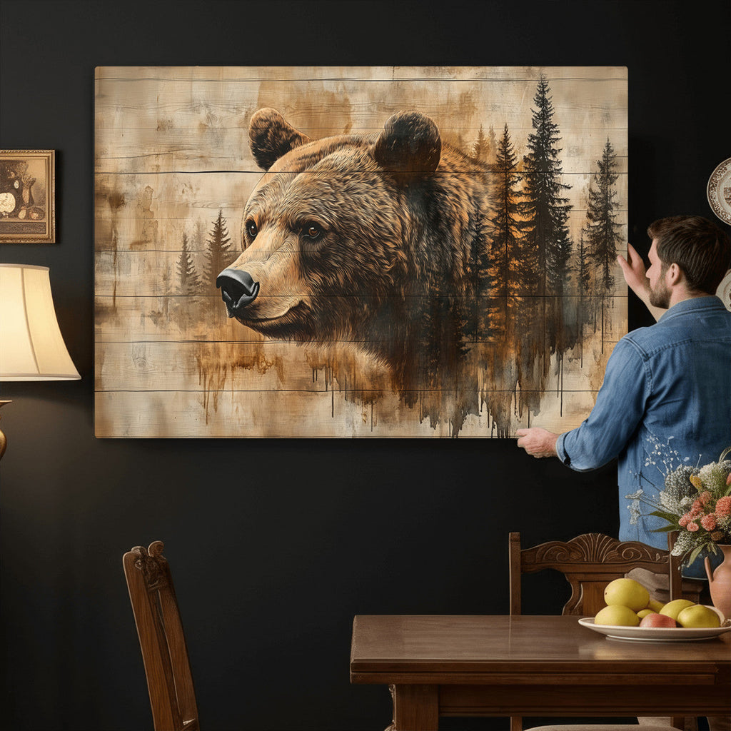 Rustic Grizzly Bear Wall Art, Abstract Grizzly 399 Bear Canvas Print, Woodland Wildlife