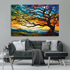 Vibrant Mosaic Tree of Life Wall Art, Stained Glass Style Canvas Print