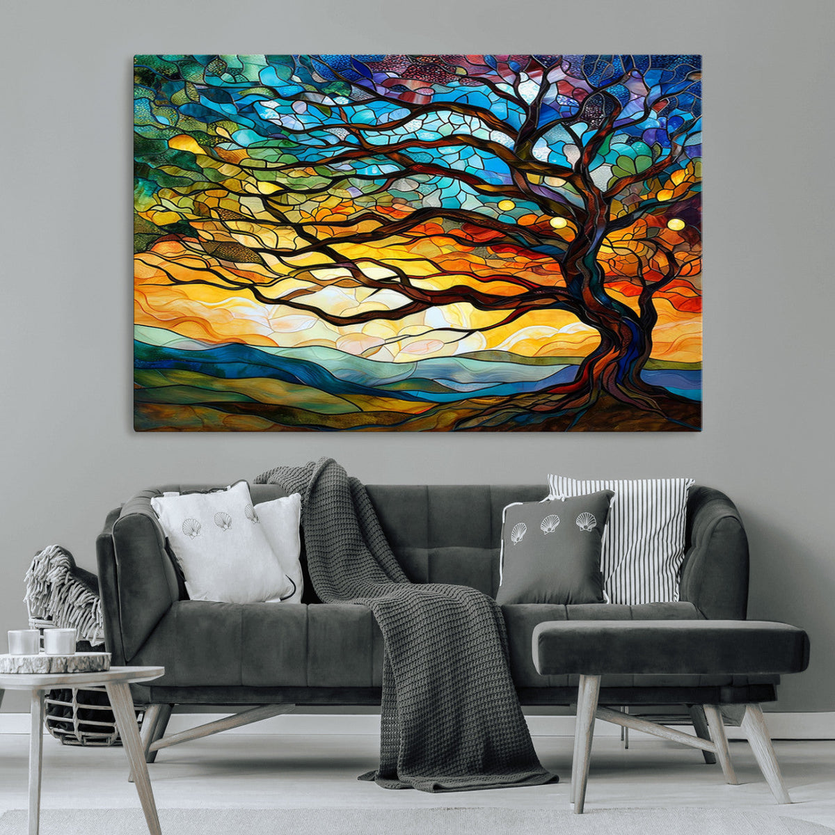 Vibrant Mosaic Tree of Life Wall Art, Stained Glass Style Canvas Print