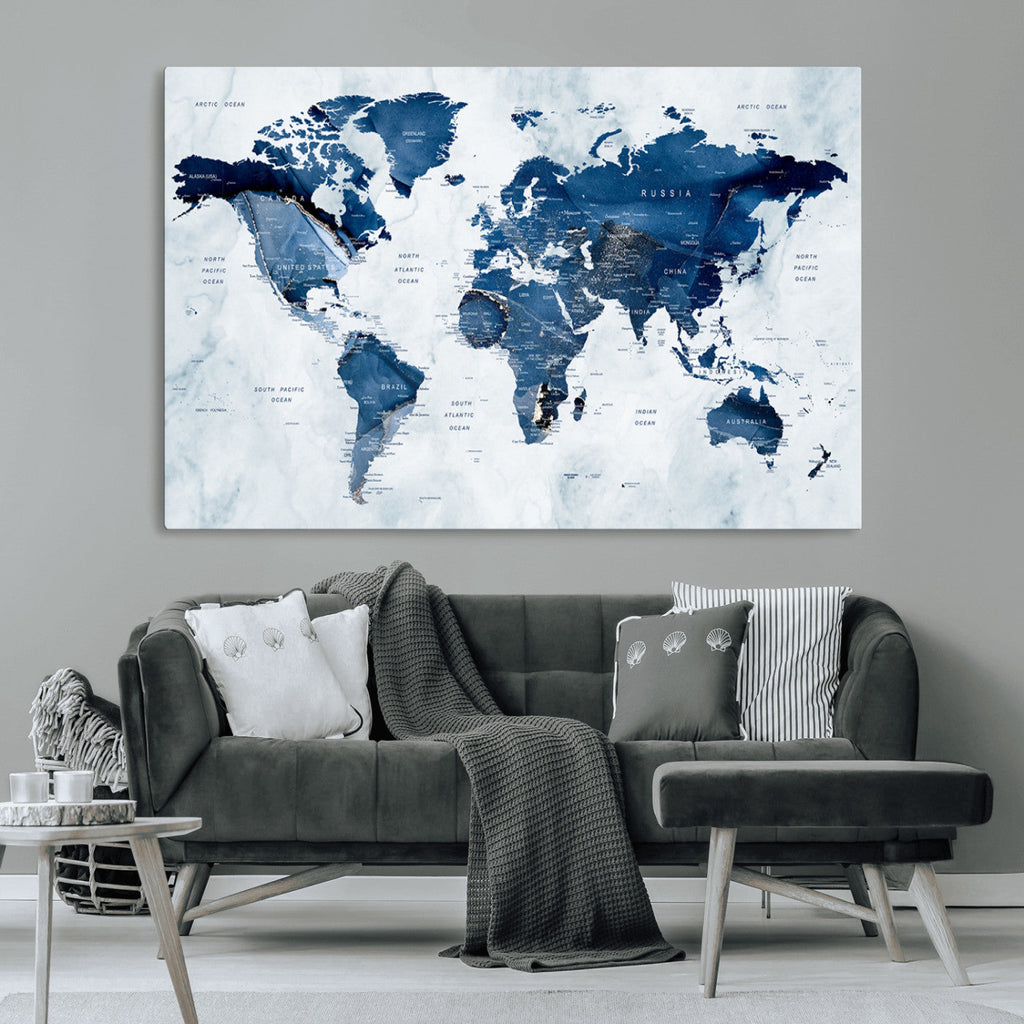 Modern Blue World Map Canvas Print | Elegant Travel Map Wall Art for Home Office