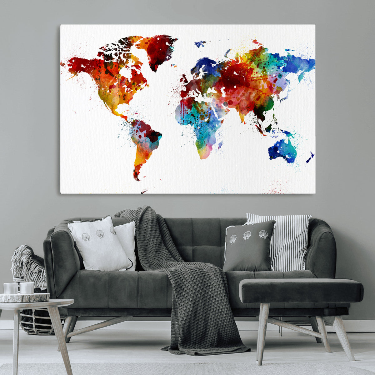 Colorful World Map Canvas Wall Art Print, Contemporary Global Map Artwork