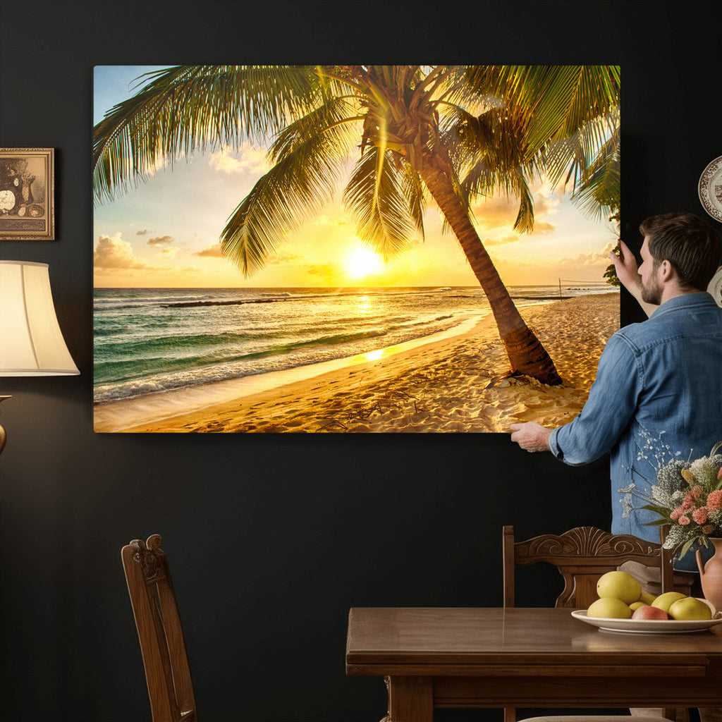 Beach Sunset Canvas Wall Art Print - Tropical Beach Canvas With Palm Trees