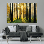 Sunlit Forest Wall Art Canvas Print, Large Framed Woodland Scene with Golden Light