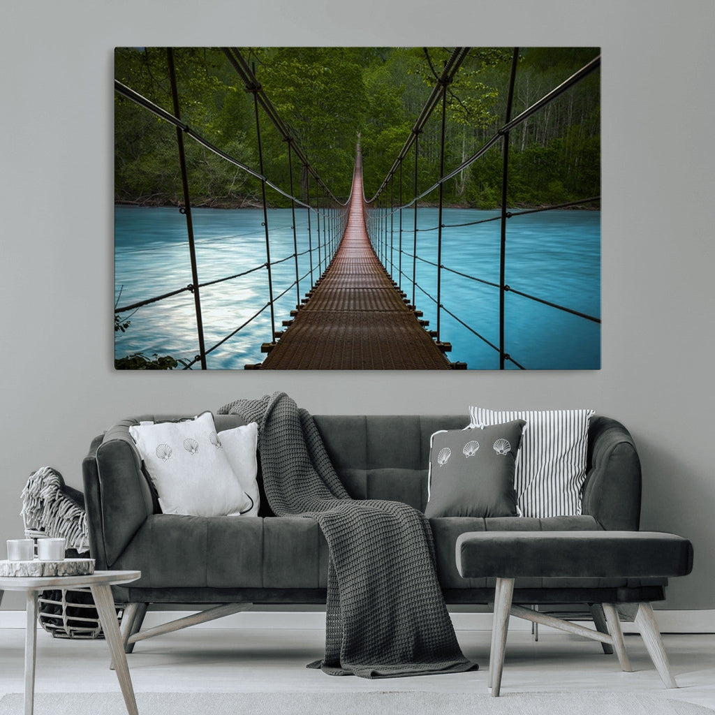 Suspension Bridge Over River Canvas Art | 3-Panel Nature Wall Art