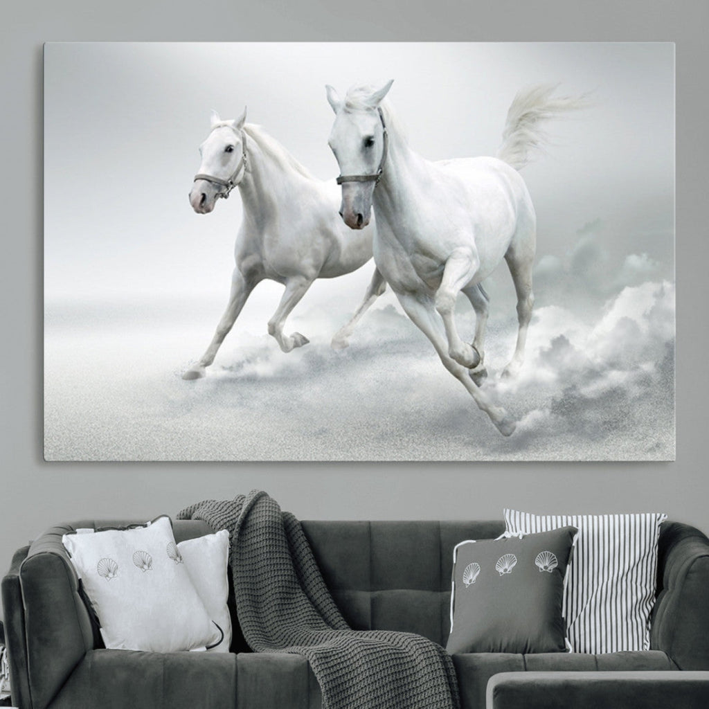 Large Wall Art Canvas Print, Beautiful Running White Horses