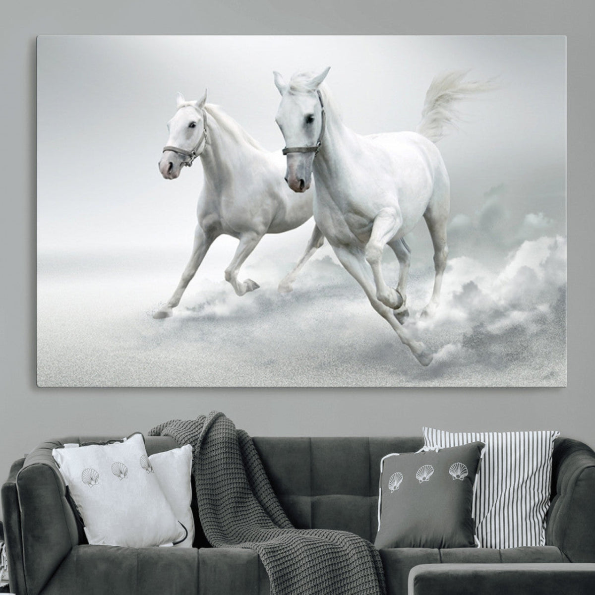 Large Wall Art Canvas Print, Beautiful Running White Horses