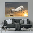 Large Wall Art Canvas Print, White Jumping Horse at Sunset