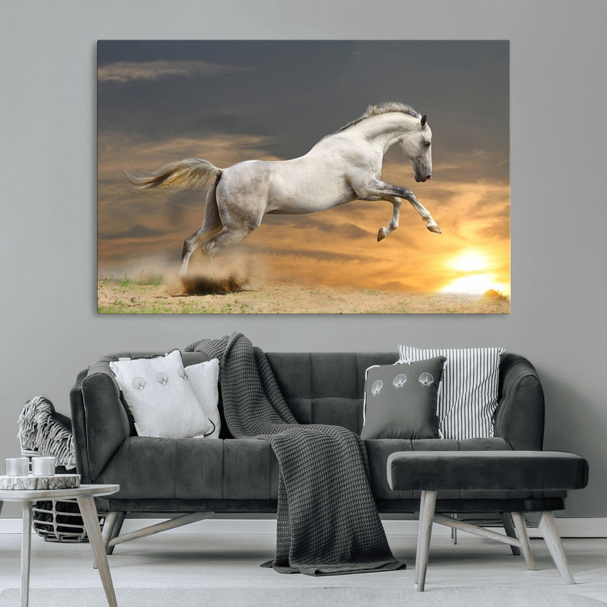 Large Wall Art Canvas Print, White Jumping Horse at Sunset