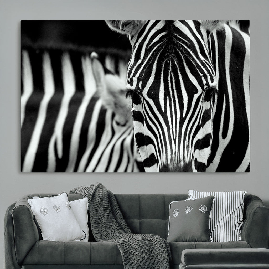 Zebra Wall Art | Zebra Close Up Canvas Print | Framed Black and White Wildlife