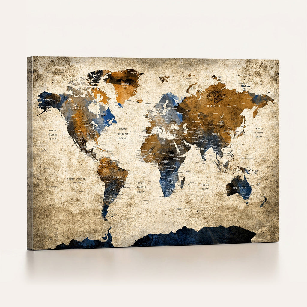 World Map Wall Art | Antique Style Blue and Brown Map Canvas Print