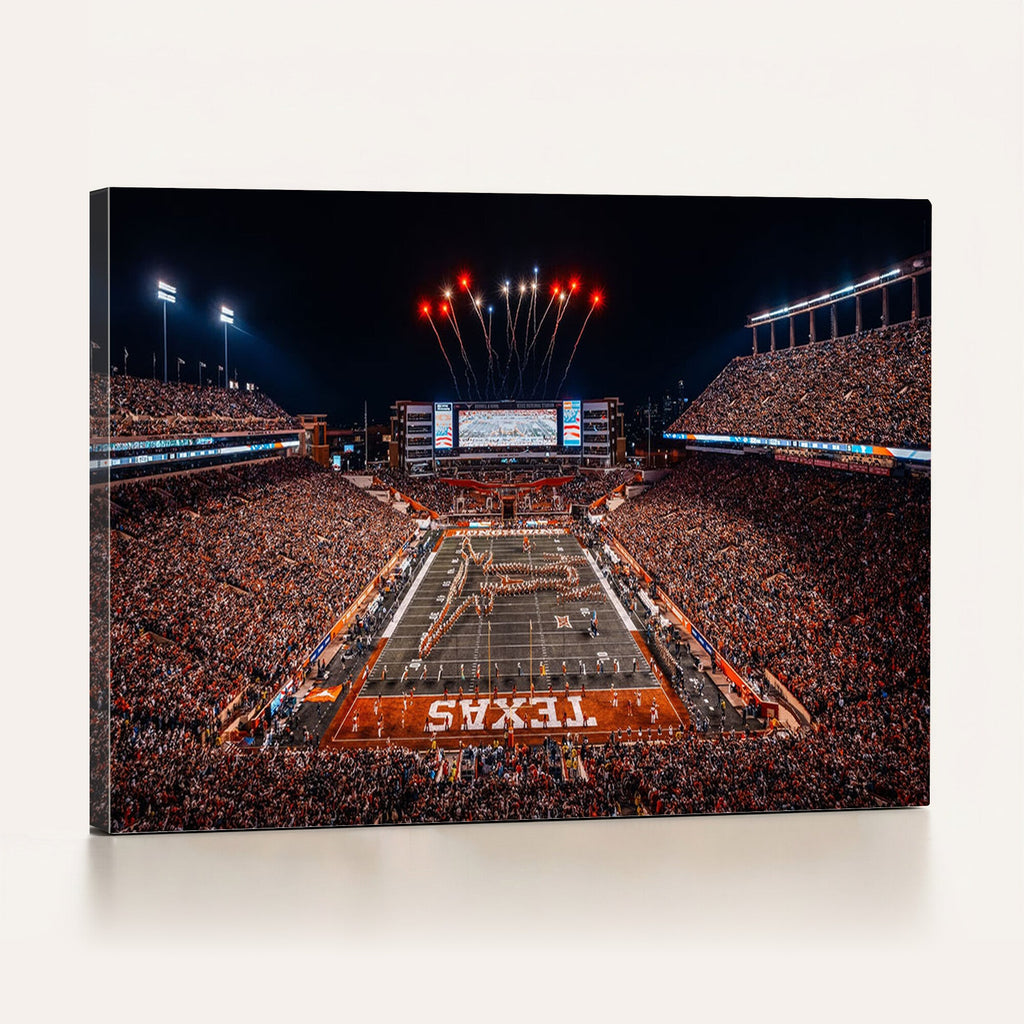 Texas Stadium Night Game Wall Art Canvas Print, Vibrant Football Fireworks Scene