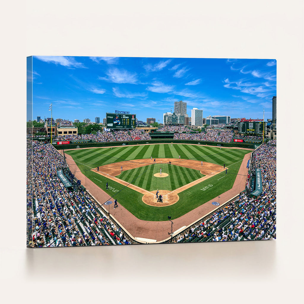 Wrigley Field Baseball Stadium Canvas Wall Art, Packed Crowd and Chicago Skyline