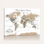 Custom Beige Push Pin World Map Wall Art, Bucket List Map, Study and Hallway Decor