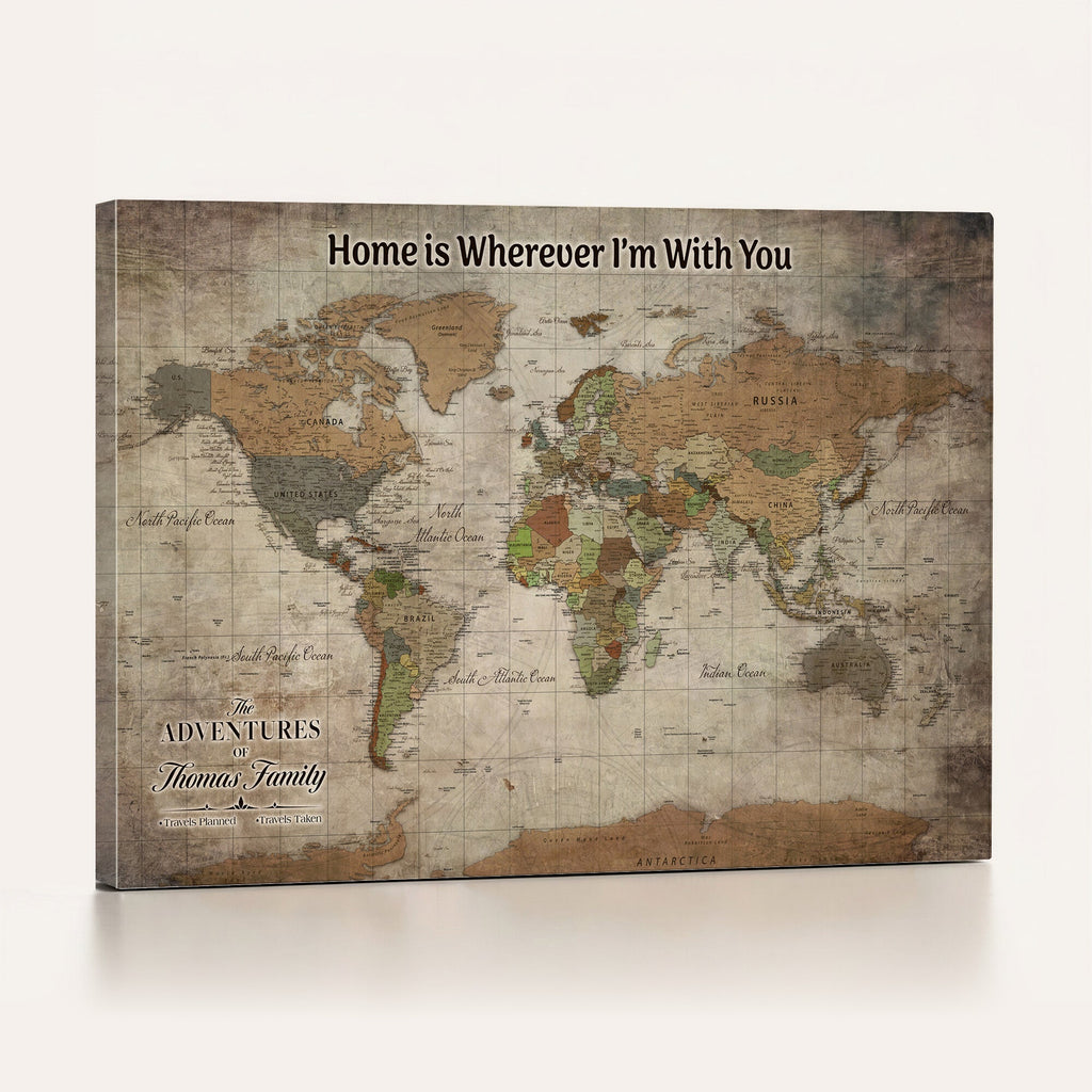 Personalized Beige Geometric World Map Canvas with Push Pins, Next Trip Planner Map, Study and Entryway Decor