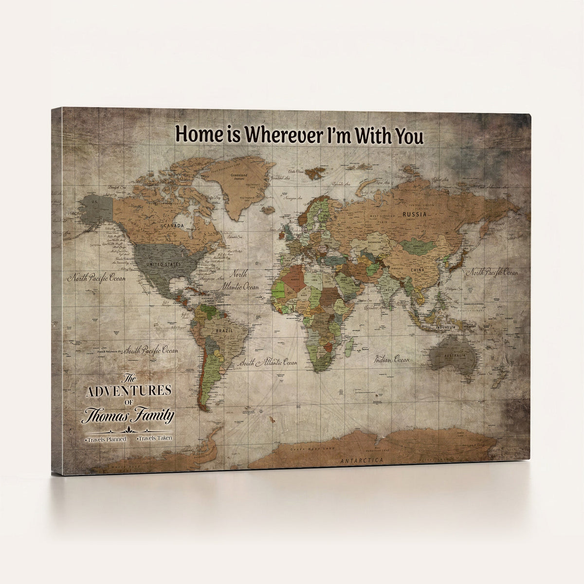 Personalized Beige Geometric World Map Canvas with Push Pins, Next Trip Planner Map, Study and Entryway Decor