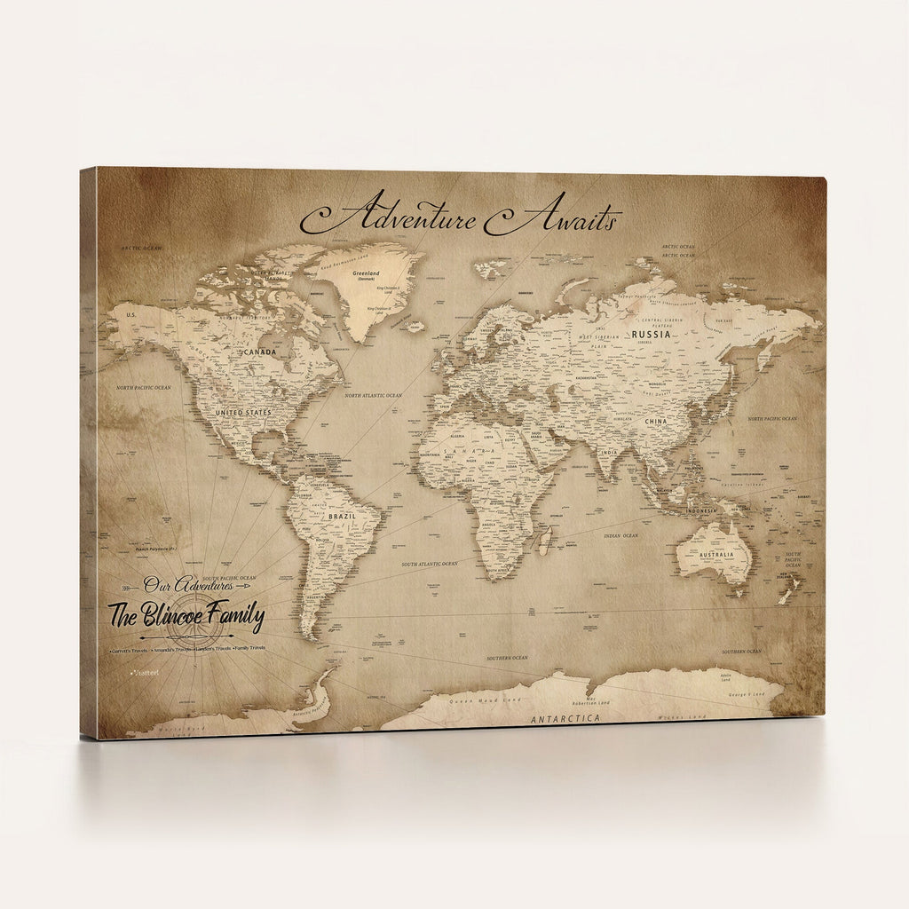 Personalized Black Modern Push Pin World Map Wall Art, Places Visited Tracker, Family Room and Bedroom Decor