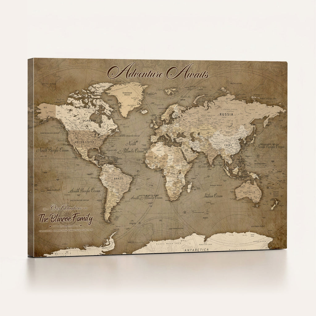 Custom Beige Modern Push Pin World Map Canvas Print, Family Travel Tracker, Dining Room and Home Office Decor