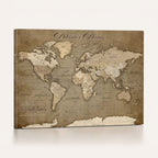 Custom Beige Modern Push Pin World Map Canvas Print, Family Travel Tracker, Dining Room and Home Office Decor
