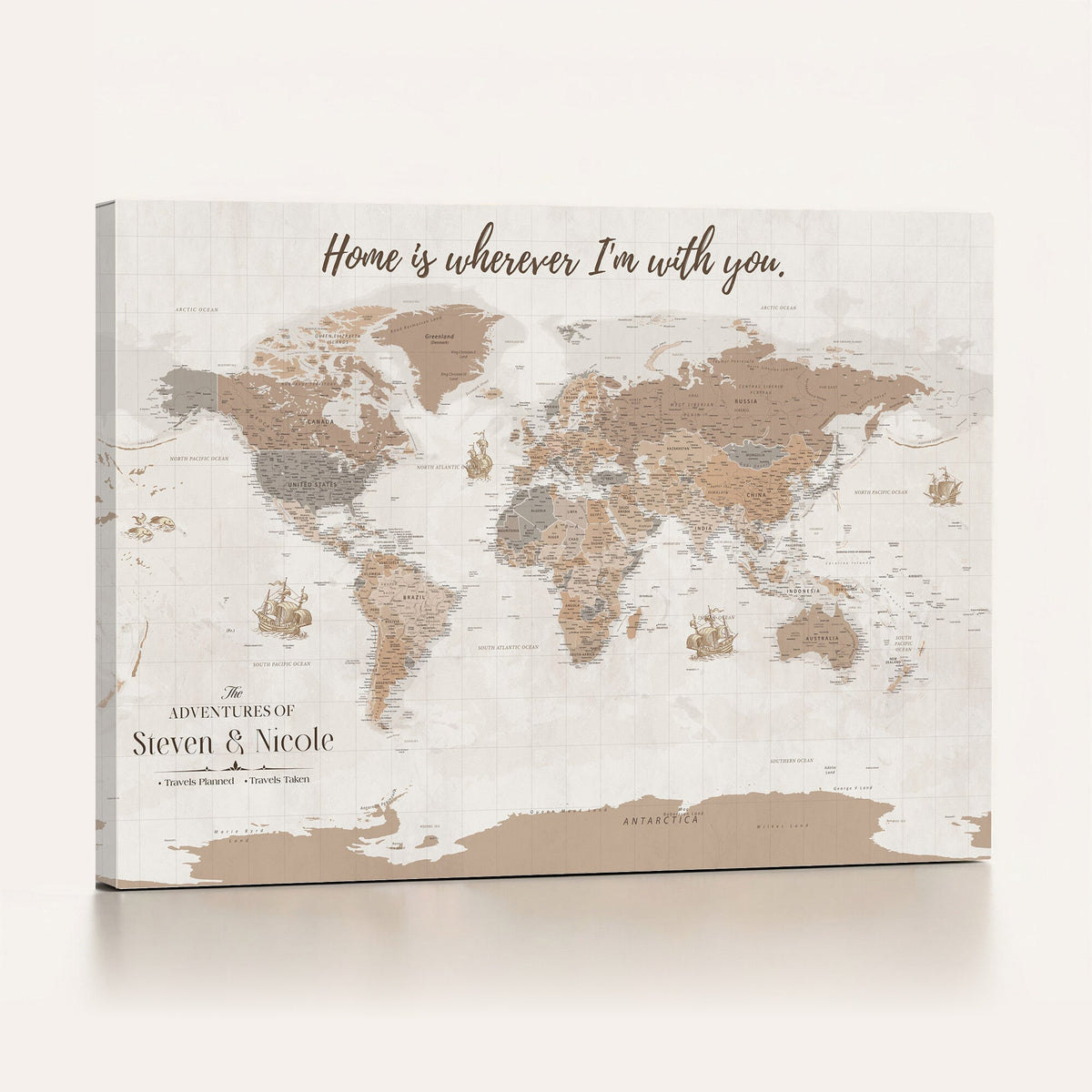 Personalized Beige Geometric Push Pin World Map Canvas Print, Countries Visited Map, Study and Home Office Decor