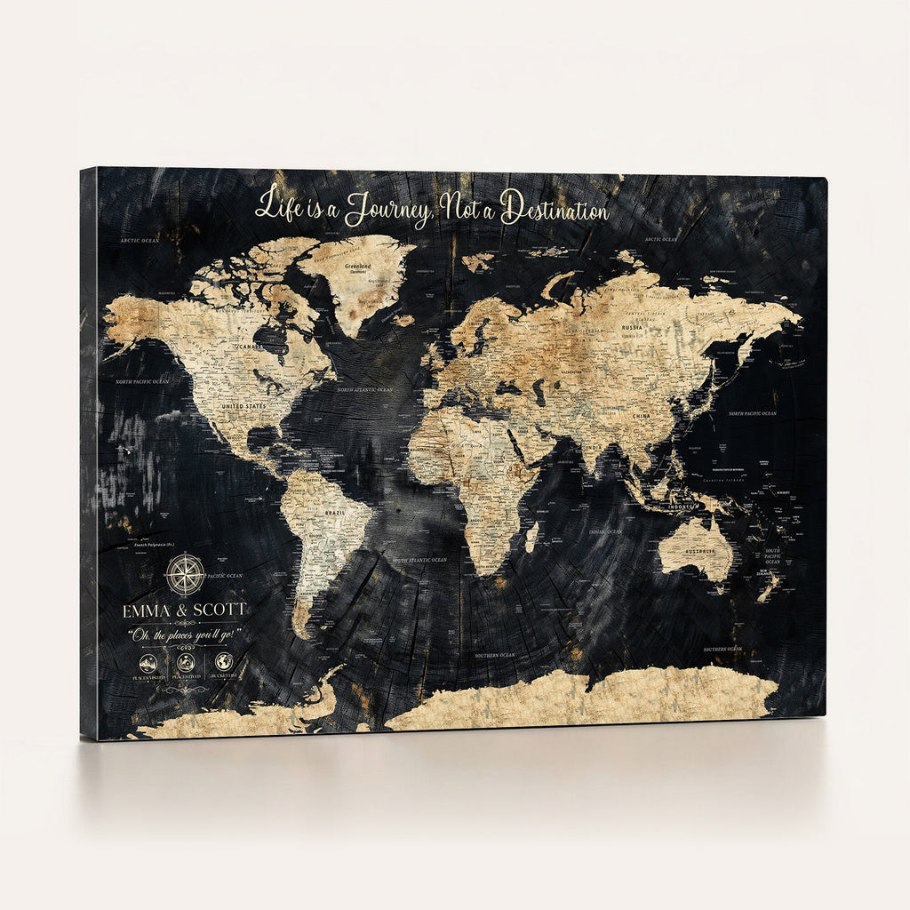 Personalized Framed Beige Push Pin World Map Wall Art, Bucket List Map, Living Room and Dining Room Decor