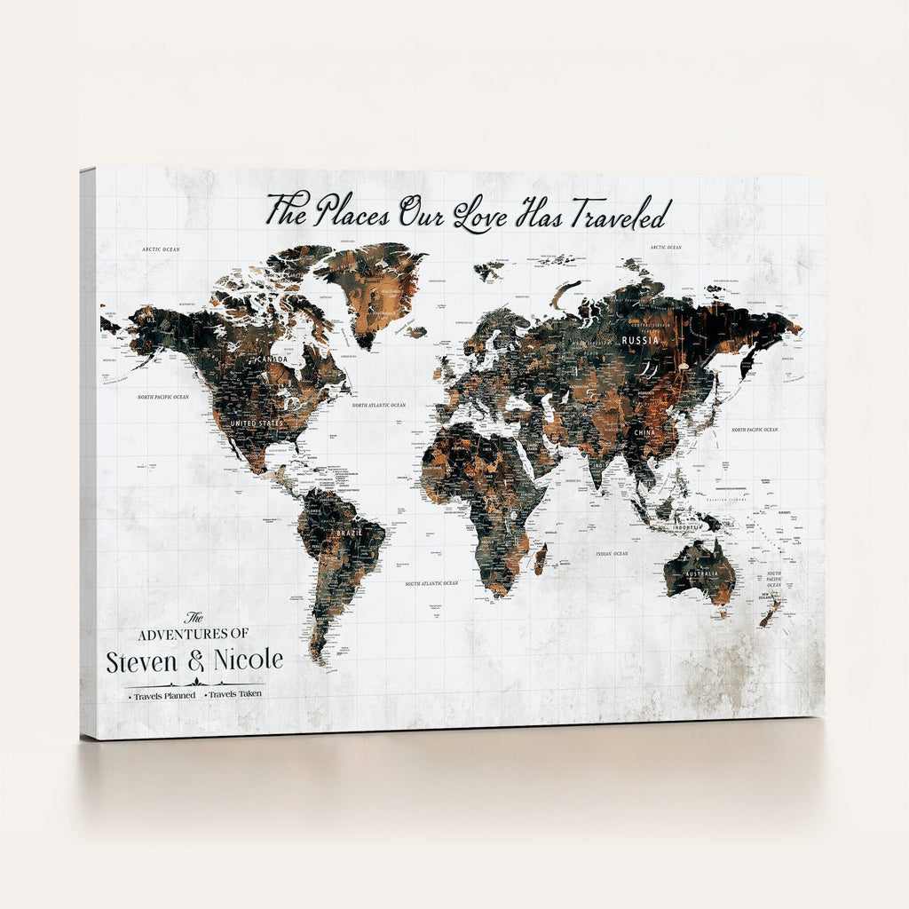 Custom Navy Geometric Push Pin World Map Canvas Print, Bucket List Map, Living Room and Home Office Decor