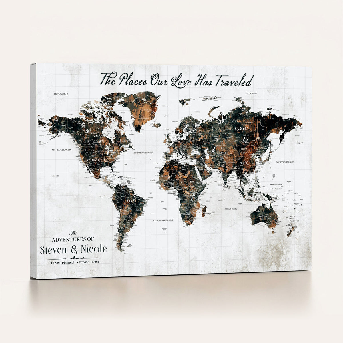 Custom Navy Geometric Push Pin World Map Canvas Print, Bucket List Map, Living Room and Home Office Decor