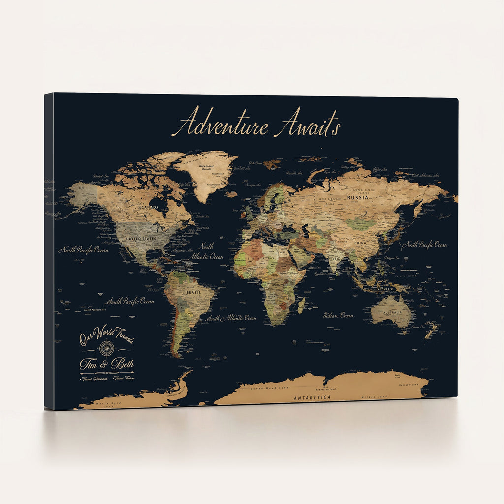 Personalized Navy Geometric World Map Canvas with Push Pins, Honeymoon and Anniversary Gift, Home Office and Hallway Decor