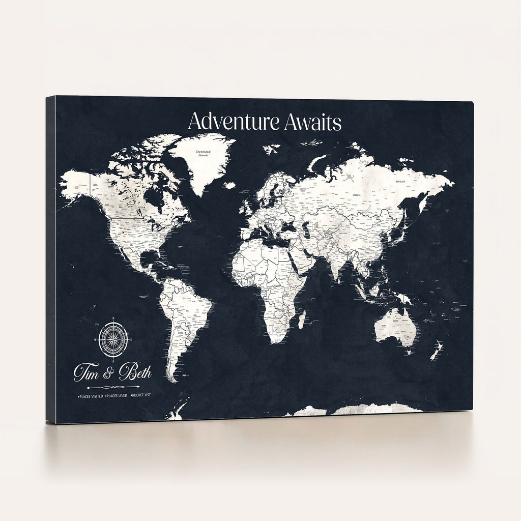Custom World Map Wall Art Canvas Print | Personalized Push Pin Travel Tracker