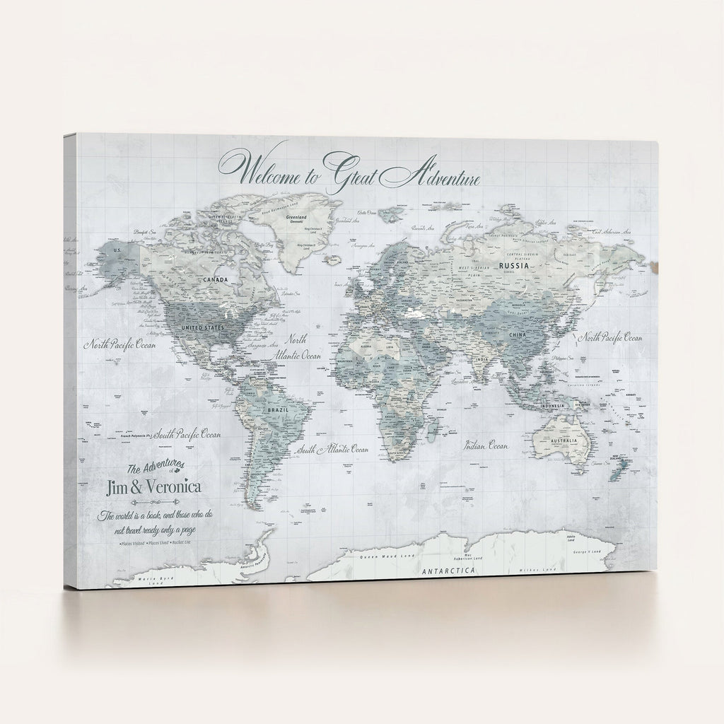 Personalized Beige Antique Push Pin World Map Canvas Print, Family Travel Tracker, Family Room and Entryway Decor