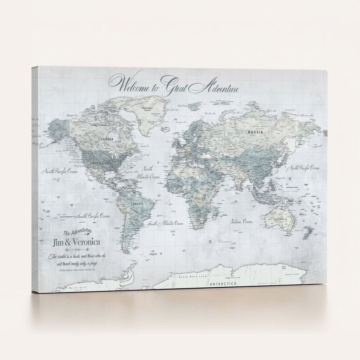 Personalized Beige Antique Push Pin World Map Canvas Print, Family Travel Tracker, Family Room and Entryway Decor