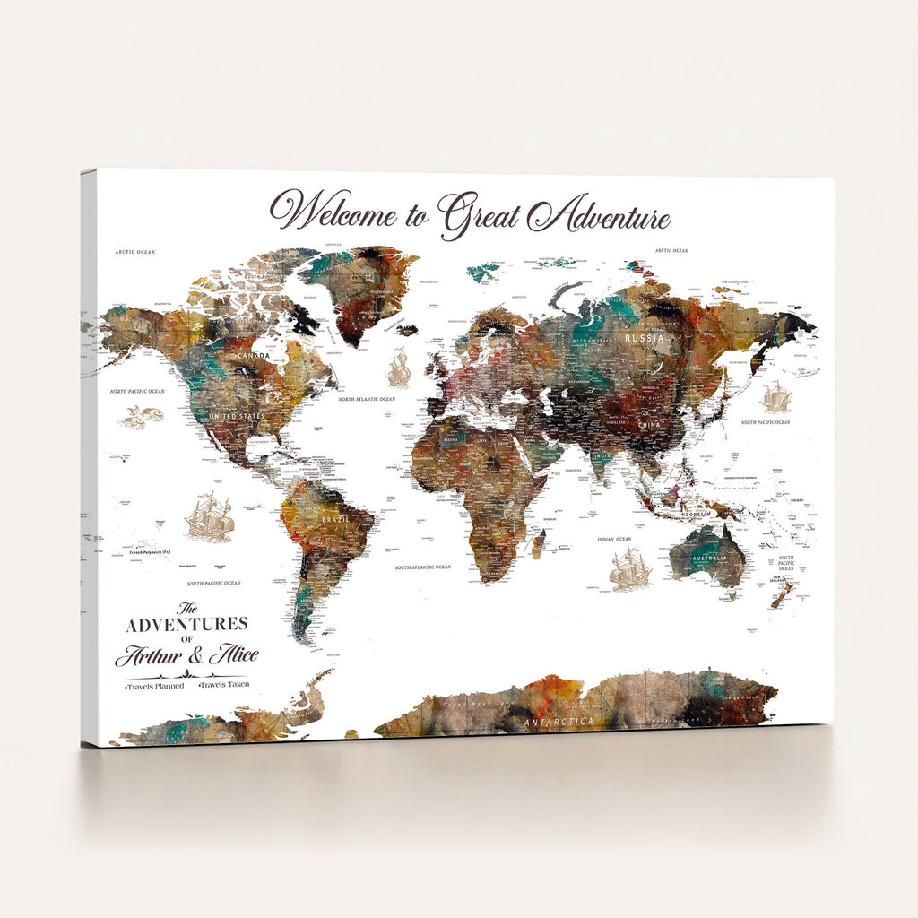 Custom Framed Beige Modern Push Pin World Map Wall Art, Couples Countries Visited Map, Study and Entryway Decor