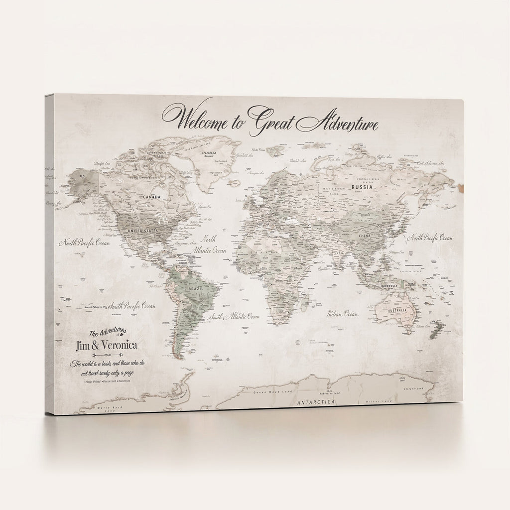 Personalized Beige World Map Canvas with Push Pins, Places Visited Tracker, Family Room and Entryway Decor