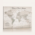 Personalized Beige World Map Canvas with Push Pins, Places Visited Tracker, Family Room and Entryway Decor