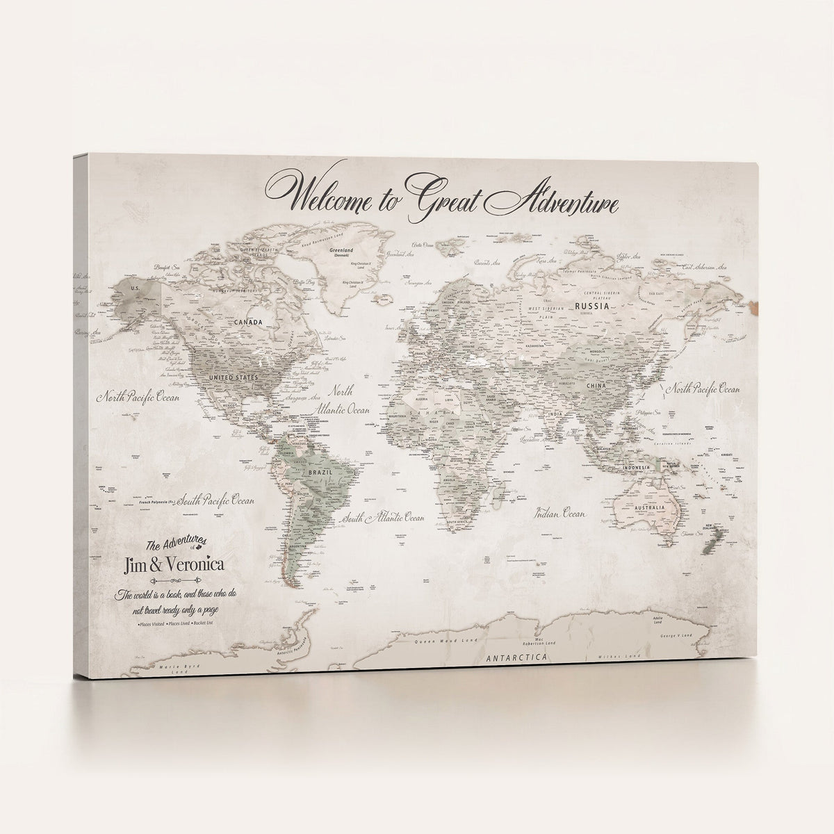 Personalized Beige World Map Canvas with Push Pins, Places Visited Tracker, Family Room and Entryway Decor