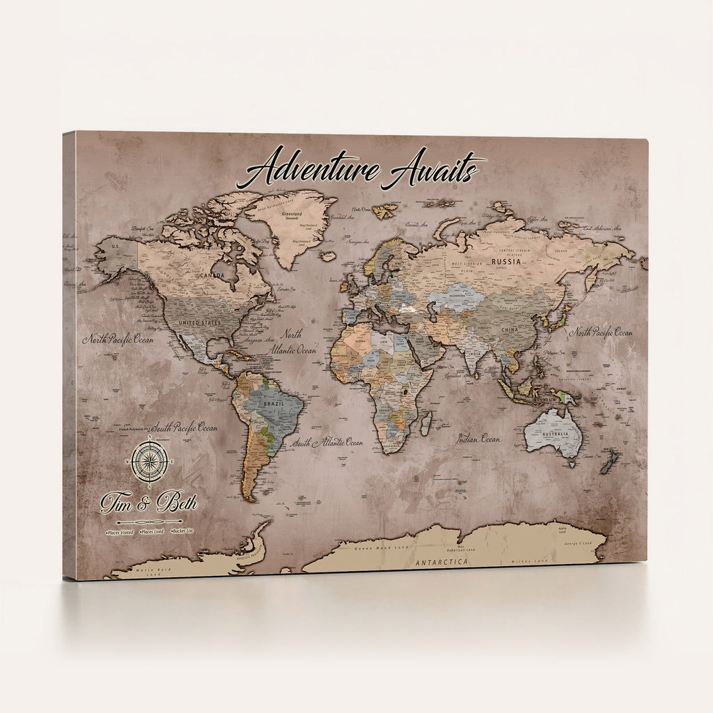 Custom Push Pin World Map Wall Art Canvas Print | Personalized Travel Tracker