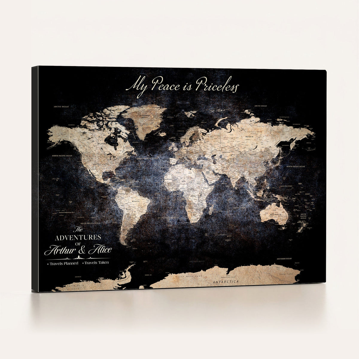 Personalized Beige World Map Canvas with Push Pins, Couples Countries Visited Map, Study and Hallway Decor