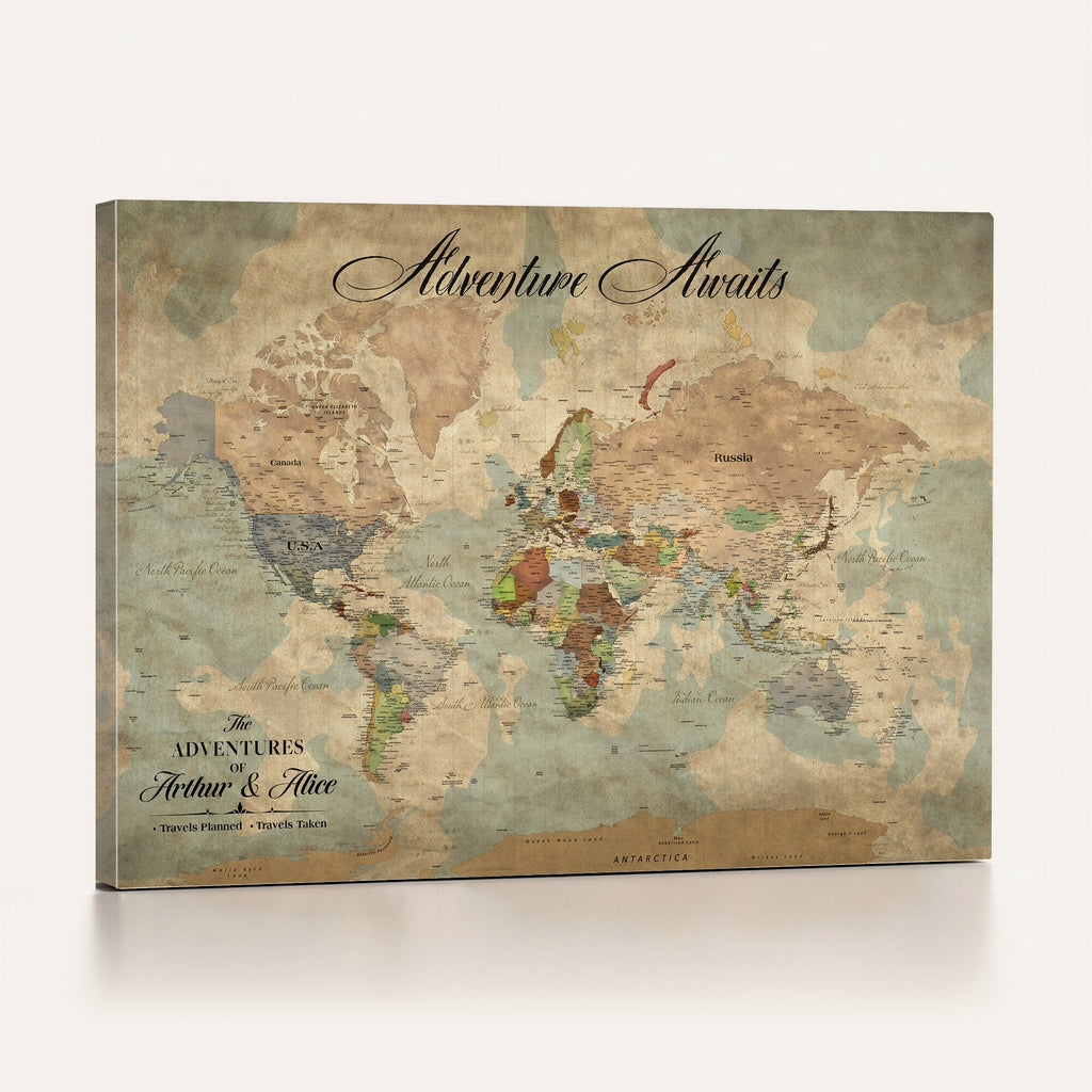 Custom Beige World Travel Map Wall Art with Pins, Bucket List Map, Dining Room and Study Decor