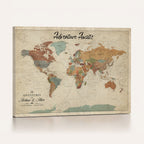 Custom Beige Push Pin World Map Canvas Print, Next Trip Planner Map, Family Room and Study Decor