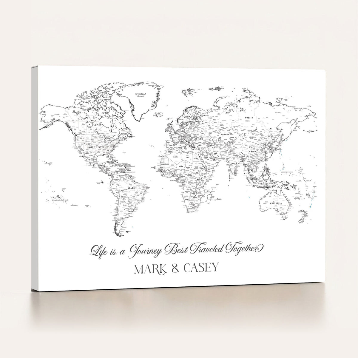 Personalized Framed Beige Modern Push Pin Travel Map Canvas Print, Couples Countries Visited Map, Living Room and Family Room Decor