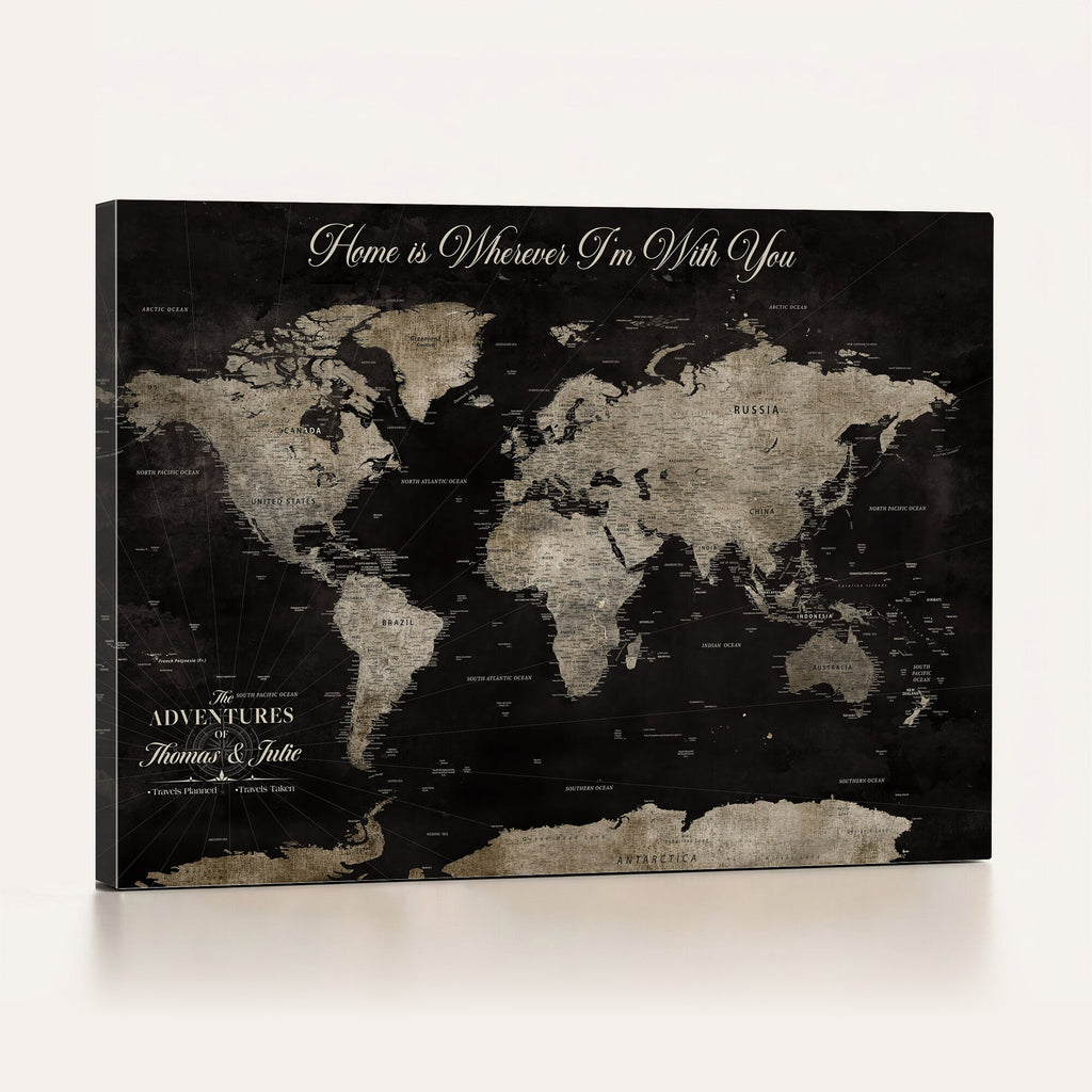Personalized Framed Black Geometric World Map Canvas with Push Pins, Bucket List Map, Living Room and Dining Room Decor