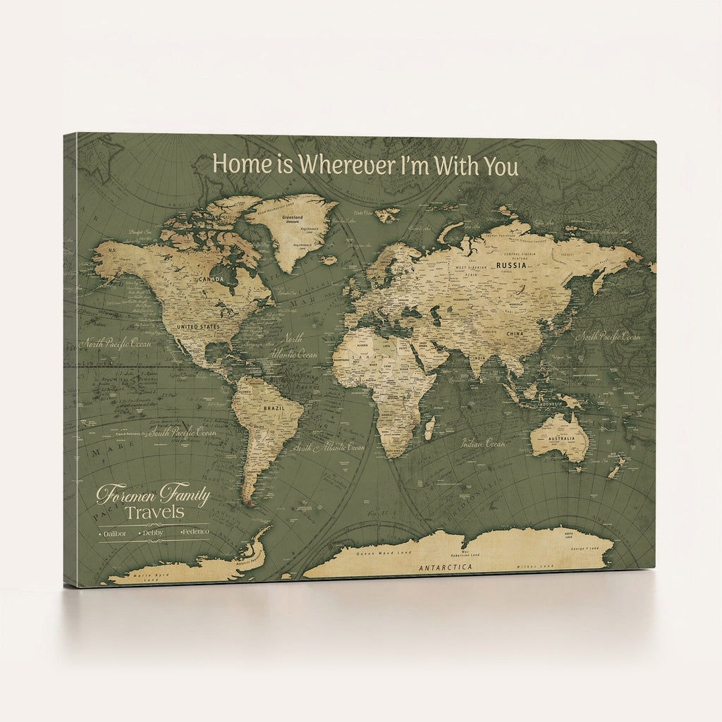 Personalized Framed Beige Geometric Push Pin World Map Canvas Print, Honeymoon and Anniversary Gift, Dining Room and Bedroom Decor