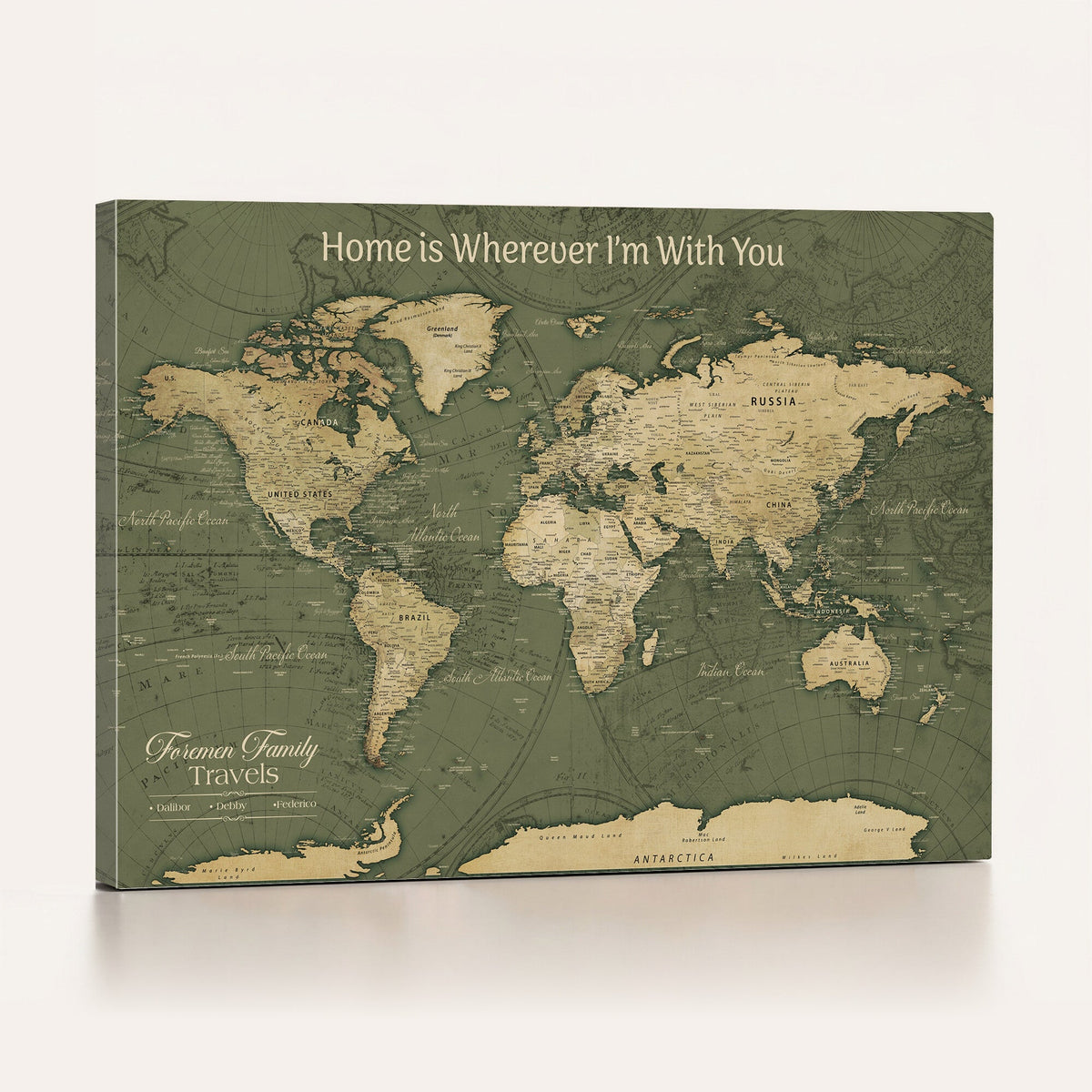 Personalized Framed Beige Geometric Push Pin World Map Canvas Print, Honeymoon and Anniversary Gift, Dining Room and Bedroom Decor