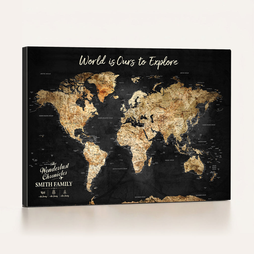 Personalized Framed Black Beige Modern World Travel Map Wall Art with Pins, Bucket List Map, Living Room and Hallway Decor