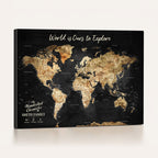 Personalized Framed Black Beige Modern World Travel Map Wall Art with Pins, Bucket List Map, Living Room and Hallway Decor