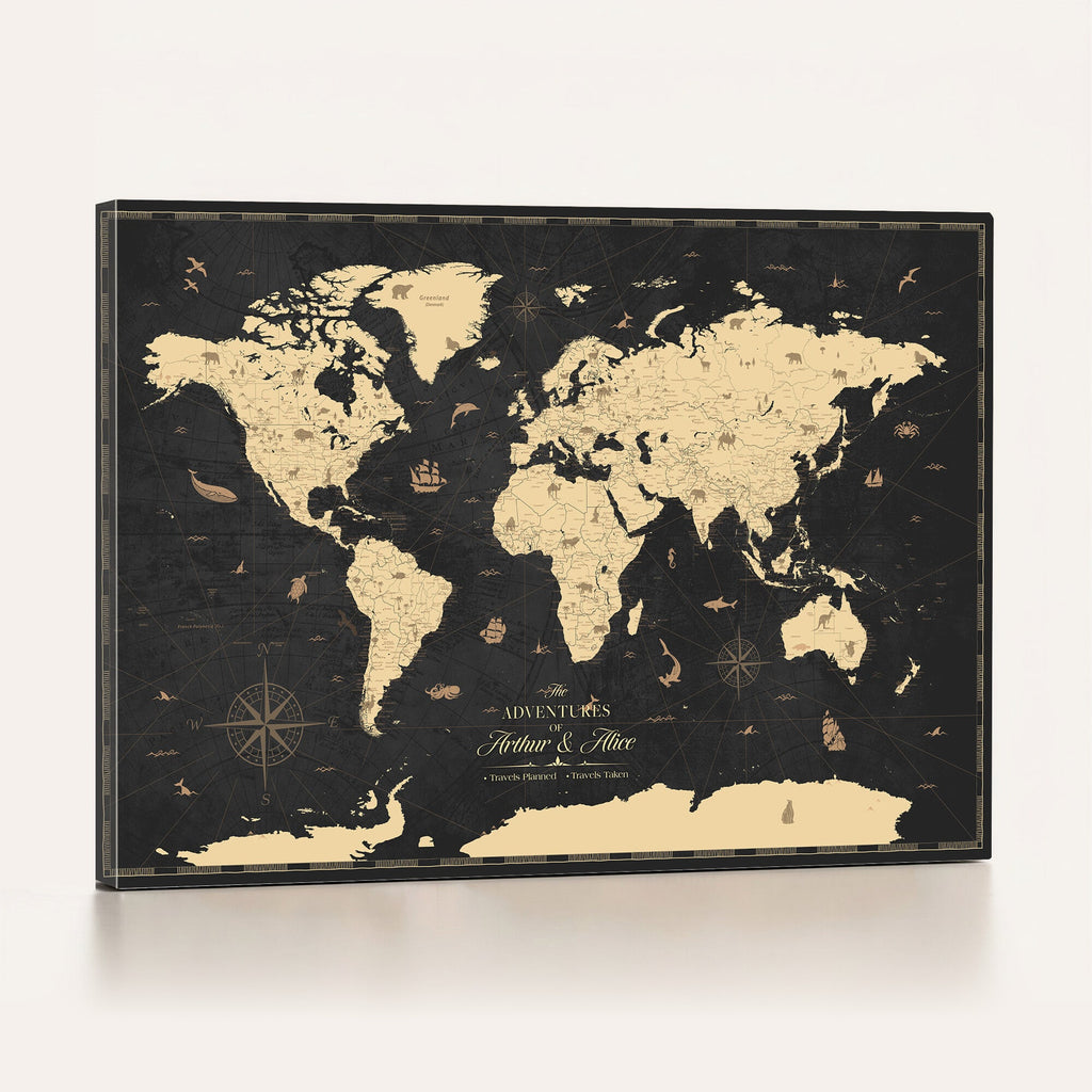 Personalized Beige Push Pin World Map Canvas Print, Places Visited Tracker, Home Office and Study Decor