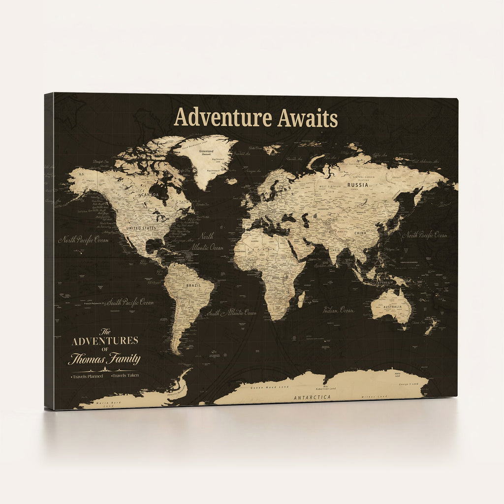 Custom Beige Push Pin World Map Wall Art, Next Trip Planner Map, Living Room and Home Office Decor